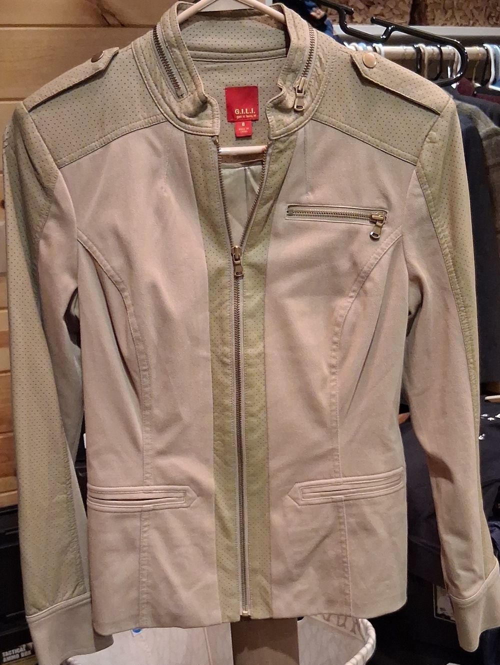 G.I.L.I. Women's Taupe-Accent Faux Leather Moto Jacket